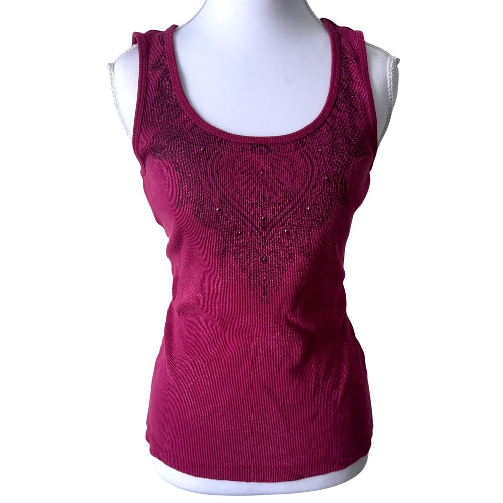 Y2K Sonoma Ribbed Tank Top Magenta Graphic Rhinestone Boho Medium